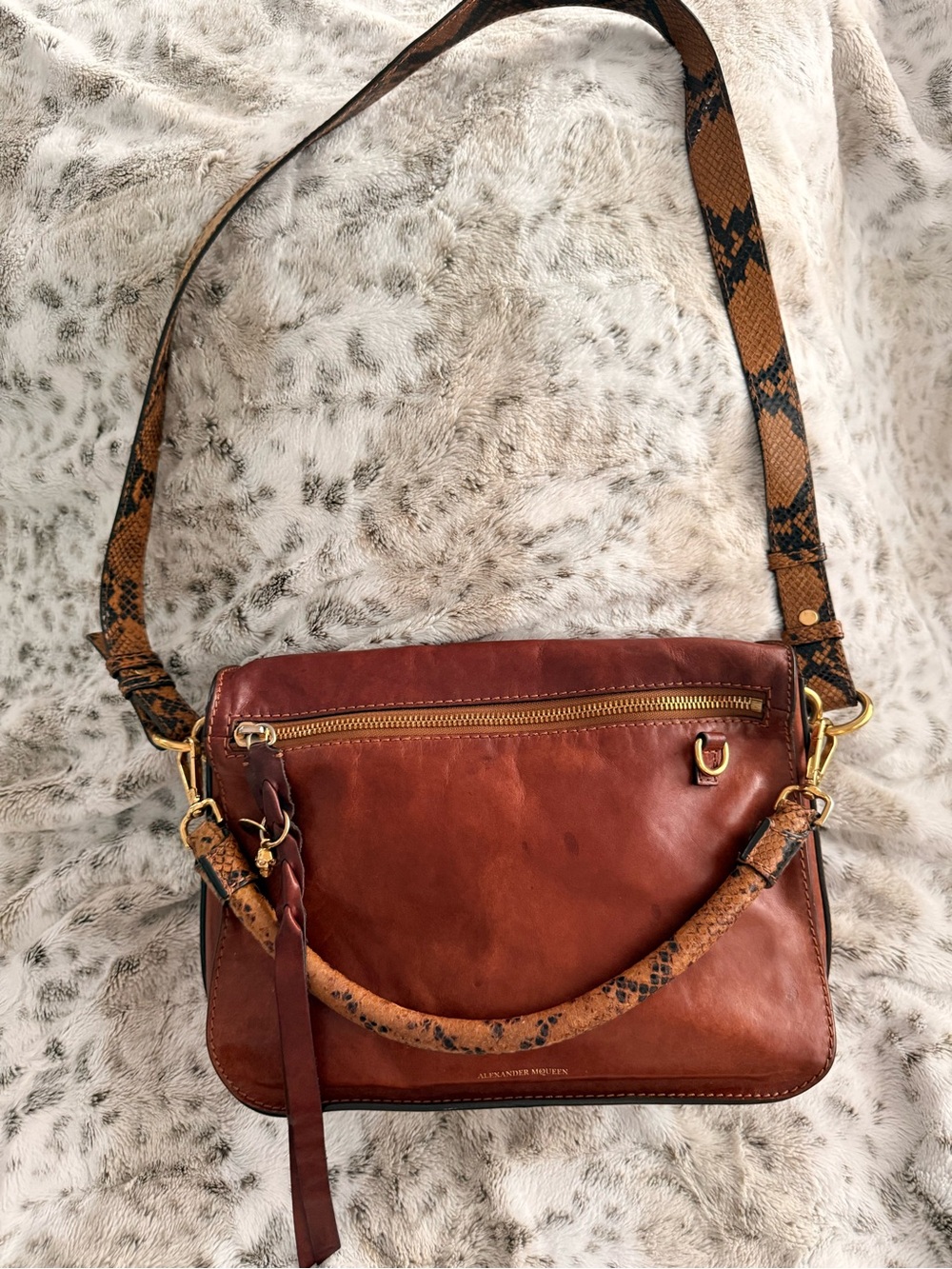 Alexander McQueen Chestnut Brown Leather Shoulder Bag with Snake-Print Strap